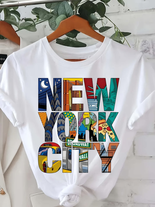 New York City Orienteering T-Shirt - Short Sleeve Casual Round Neck Tee with NYC Skyline & Geometric Map, Machine Washable - Urban Navigation Top
