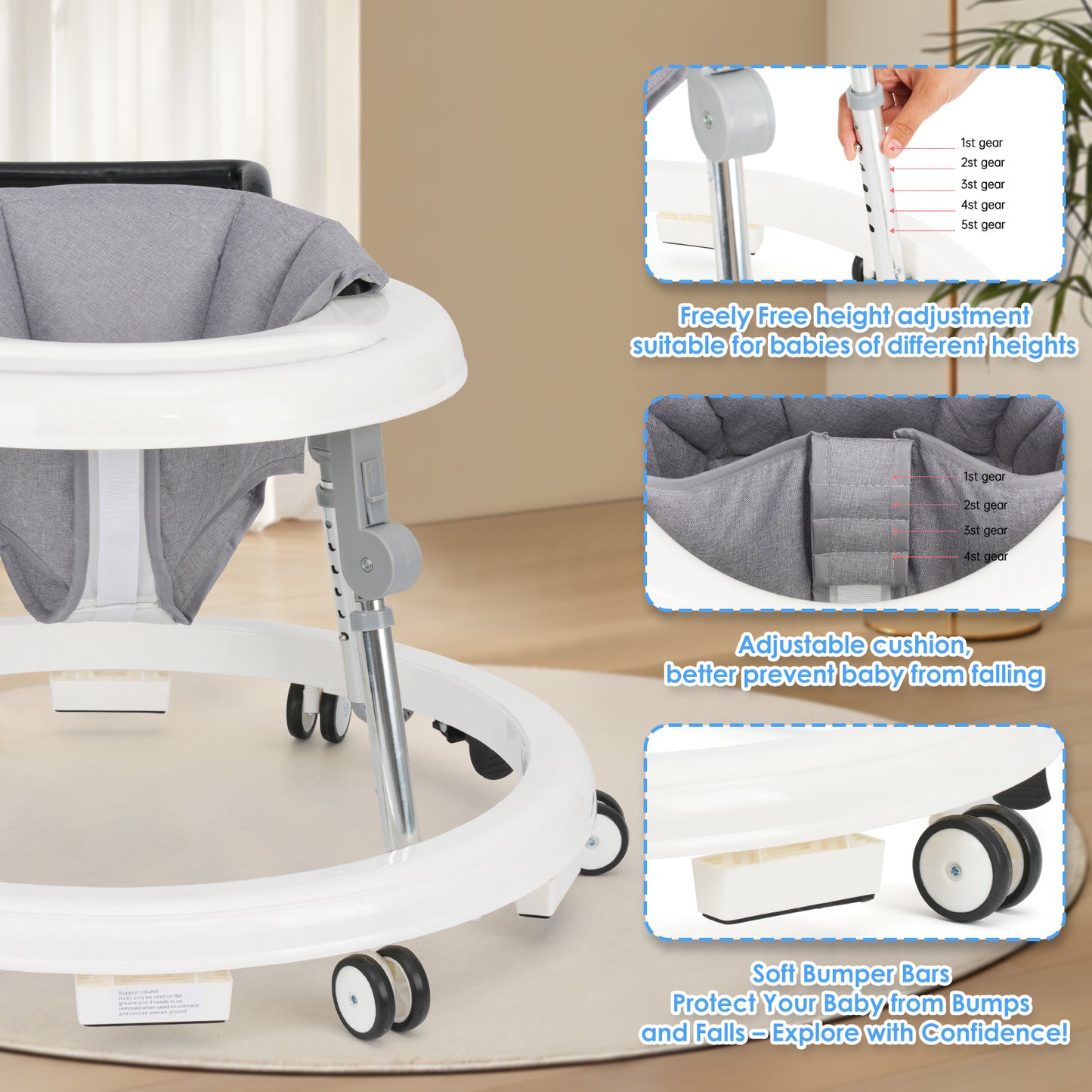 Baby Walker Foldable with 9 Adjustable Heights, Baby Walkers and Activity Center for Boys Girls Babies 6-12 Months, Baby Walker and Bouncer Combo with Wheels Portable Anti-Rollover, Mother's Choice