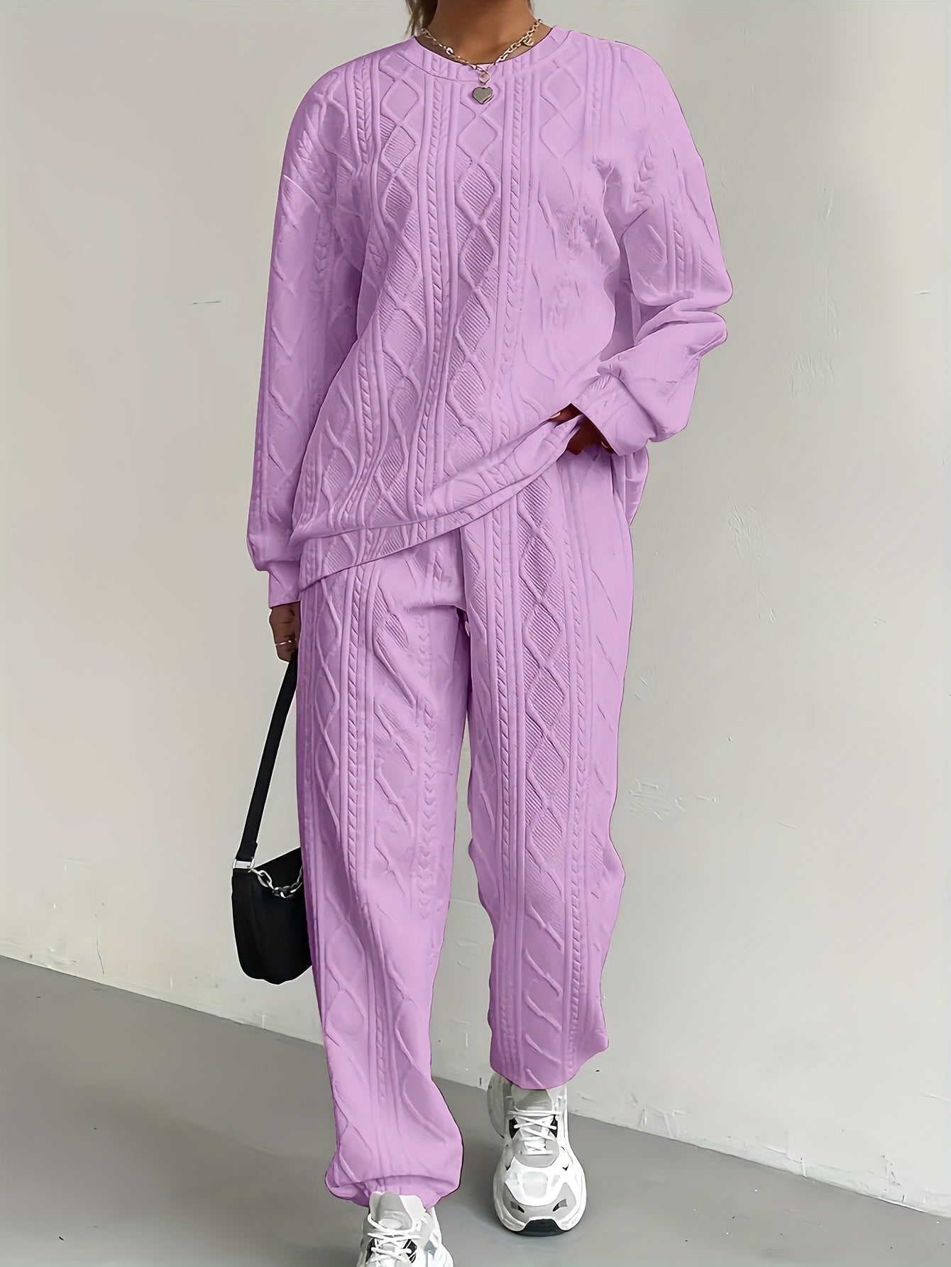Women'S Sweatshirt Ensemble for Autumn/Winter 2025 - Featuring a Solid Color, Cable Patchwork, Long Sleeve Crew Neck Top And Cuffed Pants in a Two-Piece Outfit, Including a Pullover And Sweater, Perfect for Christmas And Fall