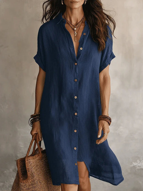 Shirt Dress, Fashionable and Casual, Solid Color, Short Sleeve, Buttoned, Mid-length Dress