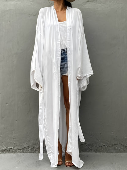 Women's Beige Kimono Cardigan - Casual V-Neck, Long Sleeve with Tie Waist, Lightweight Beach Cover-Up Dress, Breathable & Semi-Sheer for Vacation Layering, Casual Layering Piece|Flowing Beachwear|Breathable Fabric