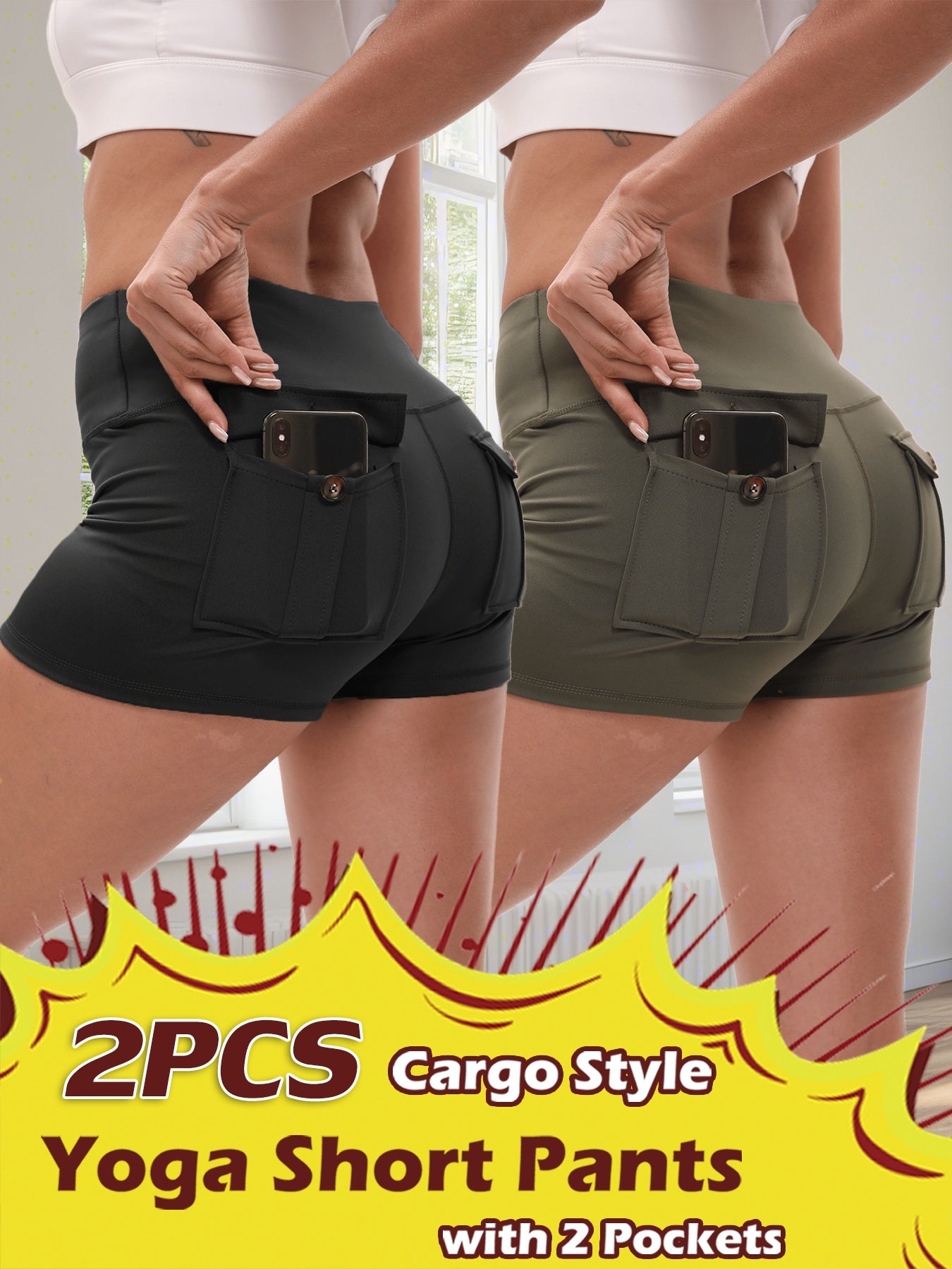 2pcs High Stretch Elastic Waist Cargo Shorts - Women's Shaping, Hip Lifting, Quick-Drying Fitness Pants with 2 Pockets, Solid Color Short Pants Set, Track Shorts Set
