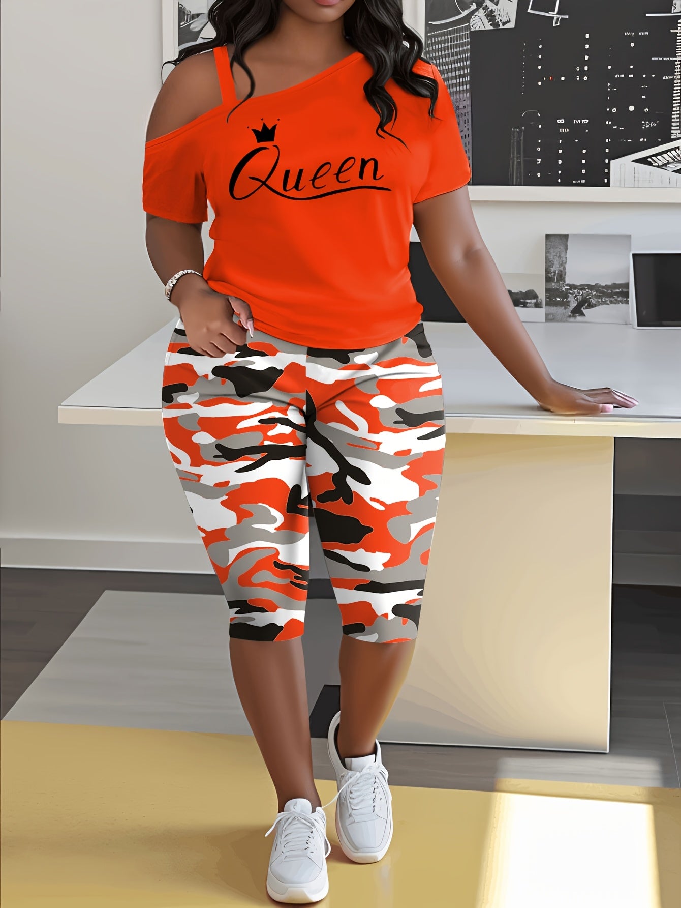Plus Size - Ladies Plus Size Daily Casual One-Shoulder Short Sleeve Two-Piece Outfit, Diagonal Shoulder Design, Slim Fit Camouflage Pants Suit With Letter Print.
