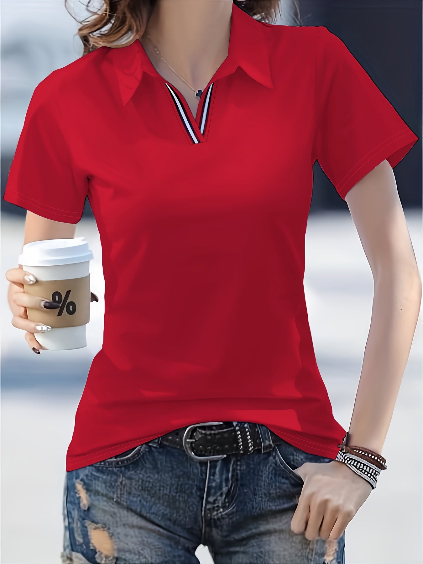 Women'S Casual V-Neck T-Shirt - Summer Short Sleeve Solid Color Top with Striped Collar & Waist Ribbon Detail, Machine Washable Regular Fit for Casual Attire, Comfortable Daily Tee, Stylish Ribon Detail, Smooth Fabric Tee
