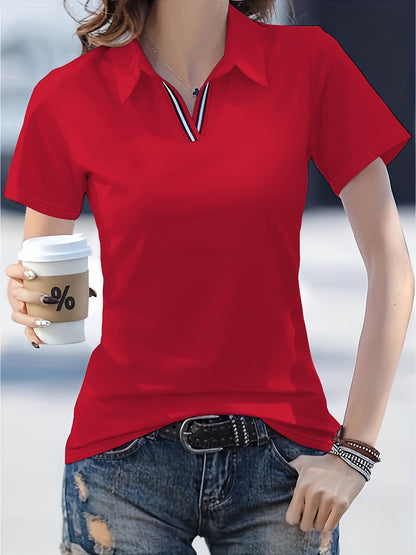 Women'S Casual V-Neck T-Shirt - Summer Short Sleeve Solid Color Top with Striped Collar & Waist Ribbon Detail, Machine Washable Regular Fit for Casual Attire, Comfortable Daily Tee, Stylish Ribon Detail, Smooth Fabric Tee