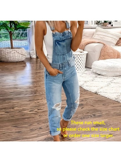 [Ripped Denim Jumpsuit] These Items Run Small; Please Check The Size Chart Before Ordering.New Style Sports Double-Shoulder Strap Ripped Denim Jumpsuit, Suitable For Weekend Outings And Easy Commuting, Fashionable And Comfortable!