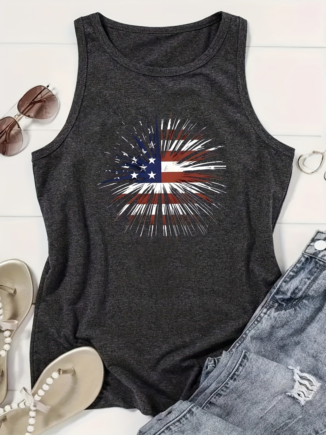 Print Vest, Crew Neck Casual Every Day Top, Women's Clothing