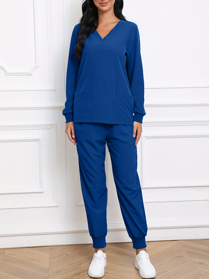Women'S V-Neck Long Sleeve Elastic Uniform Set with Pockets, Breathable Stretch Top And Waist Cord Pocket Pants Two-Piece Set