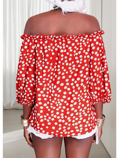 Womens Summer Off Shoulder Blouse Floral Print 3/4 Sleeve Casual Chiffon Tops Shirts