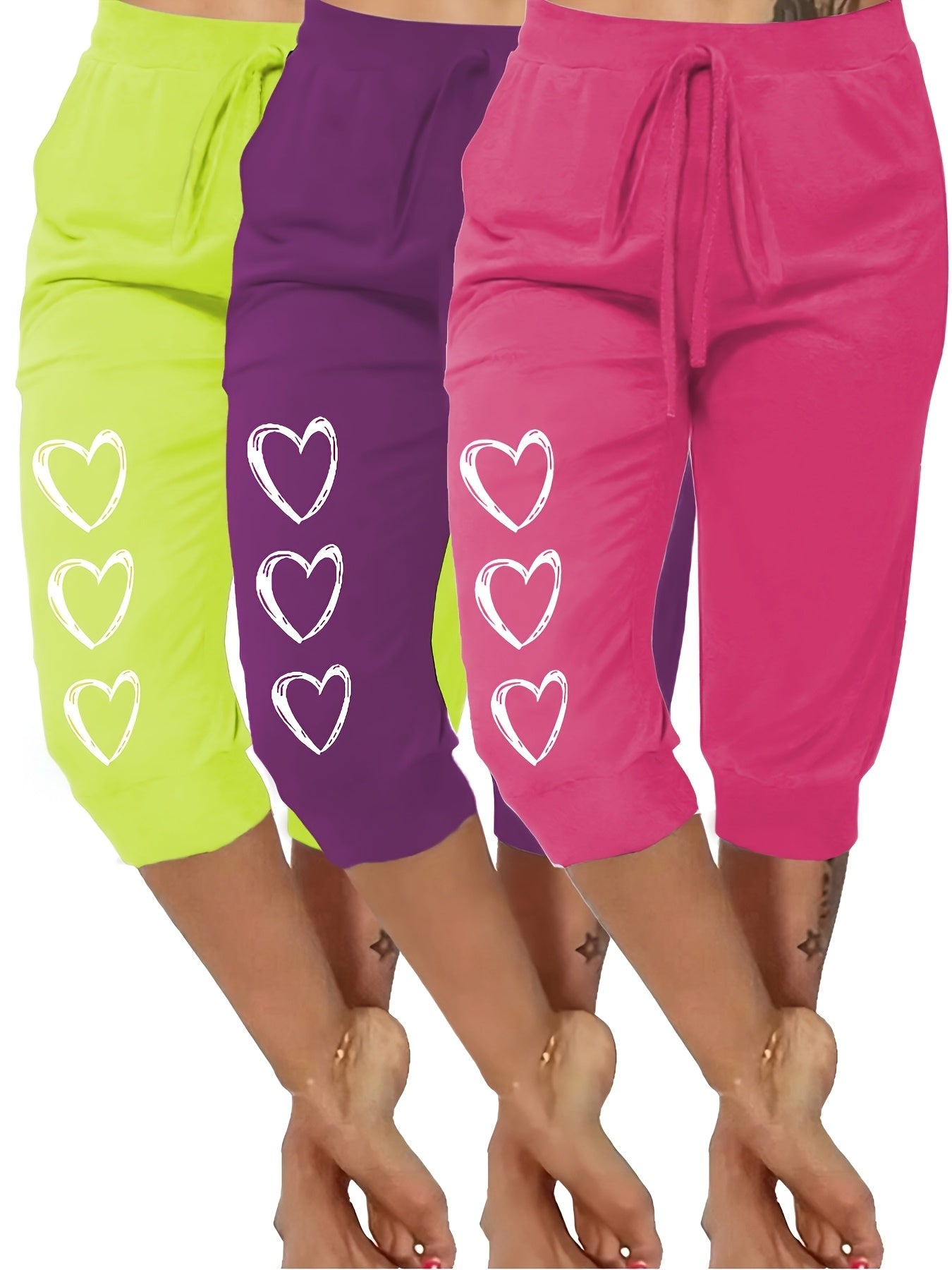 3pcs Women's Plus Size Capri Pants with Heart Print, Minimalist Casual Fit, Very Comfortable Loungewear