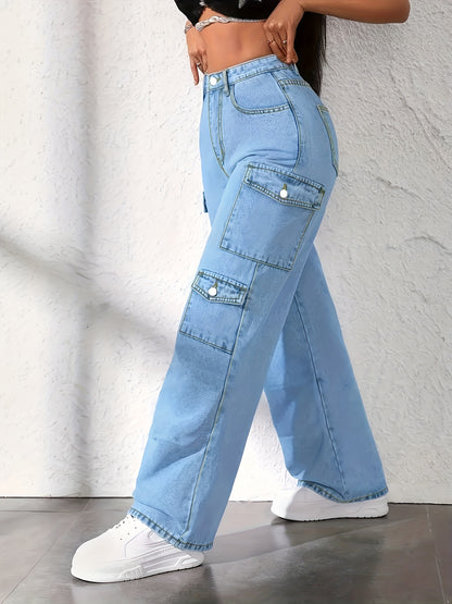 Women'S Plus Size High-Waisted Light Blue Cargo Jeans - 2025 New Stretch Wide-Leg Trousers with Multi-Pocket Design, Beltless Button Closure & All-Season | Elegant Straight-Leg Workwear Pants for Casual & Professional Outfits (Loose-Fit