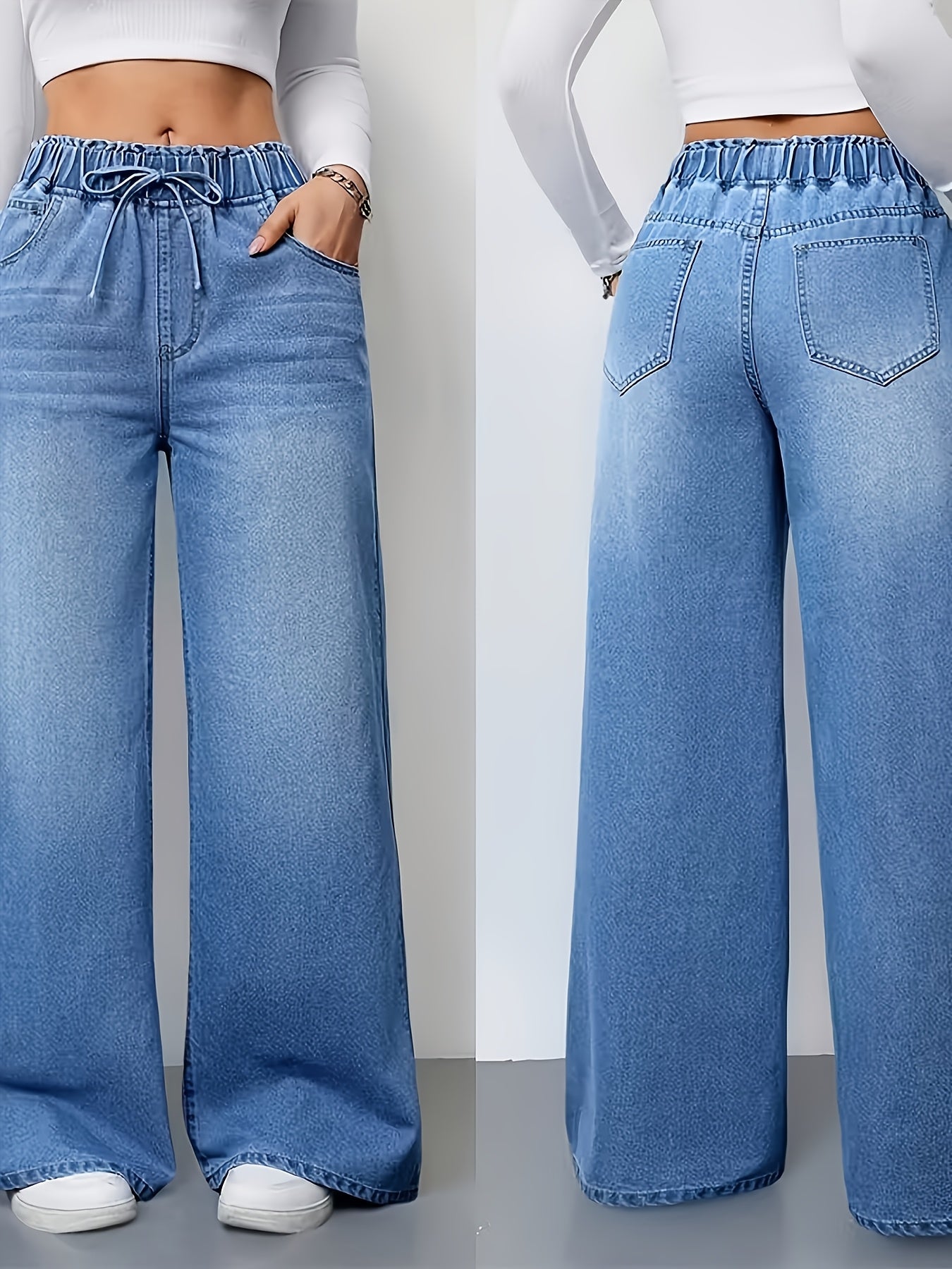 Women'S Washed Solid-Color High-Waisted Denim Pants Stylish Casual Elastic Drawstring Waistband Wide-Leg Pants Versatile Commuter Style
