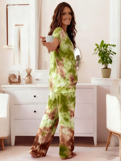 Round Neck Cross Printed Top Short-Sleeved Gradient Wide-Leg Pants Casual Loose Two-Piece Set