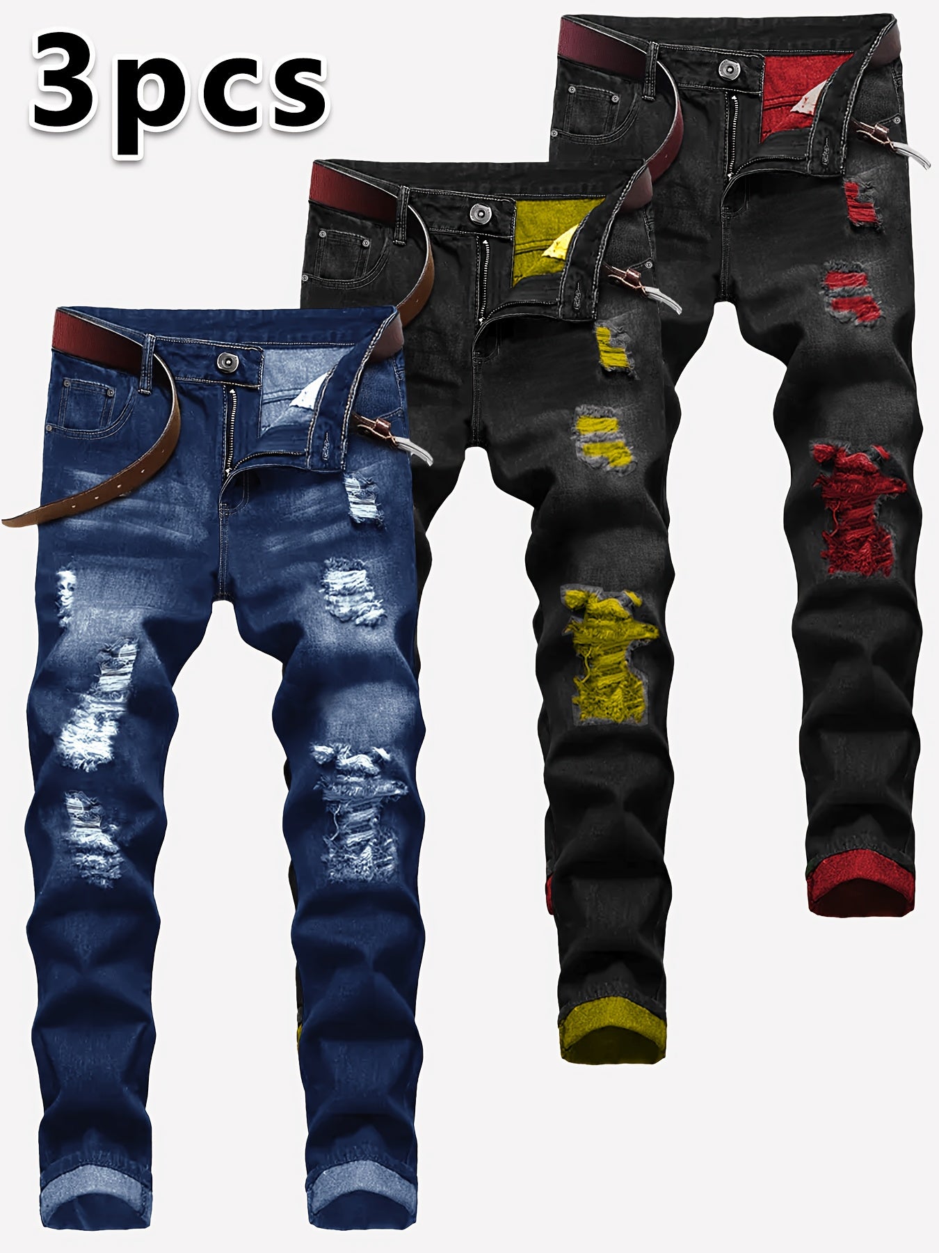 3-pack Men'S Slim Fit Ripped Jeans Distressed Denim Pants Casual Streetwear Fashion Trousers Hip Hop Trendy Joggers For Men