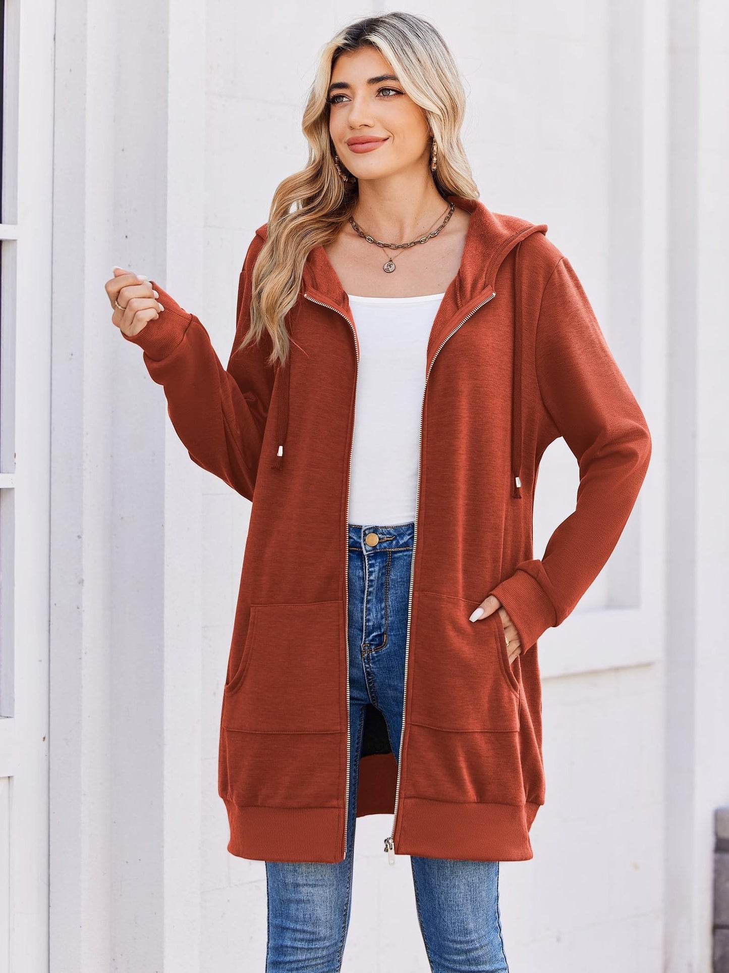 Women'S Zip Up Hoodies Long Sleeve Fall Tunic Hooded Sweatshirt Oversized Fleece Jacket with Pockets Fall Coats