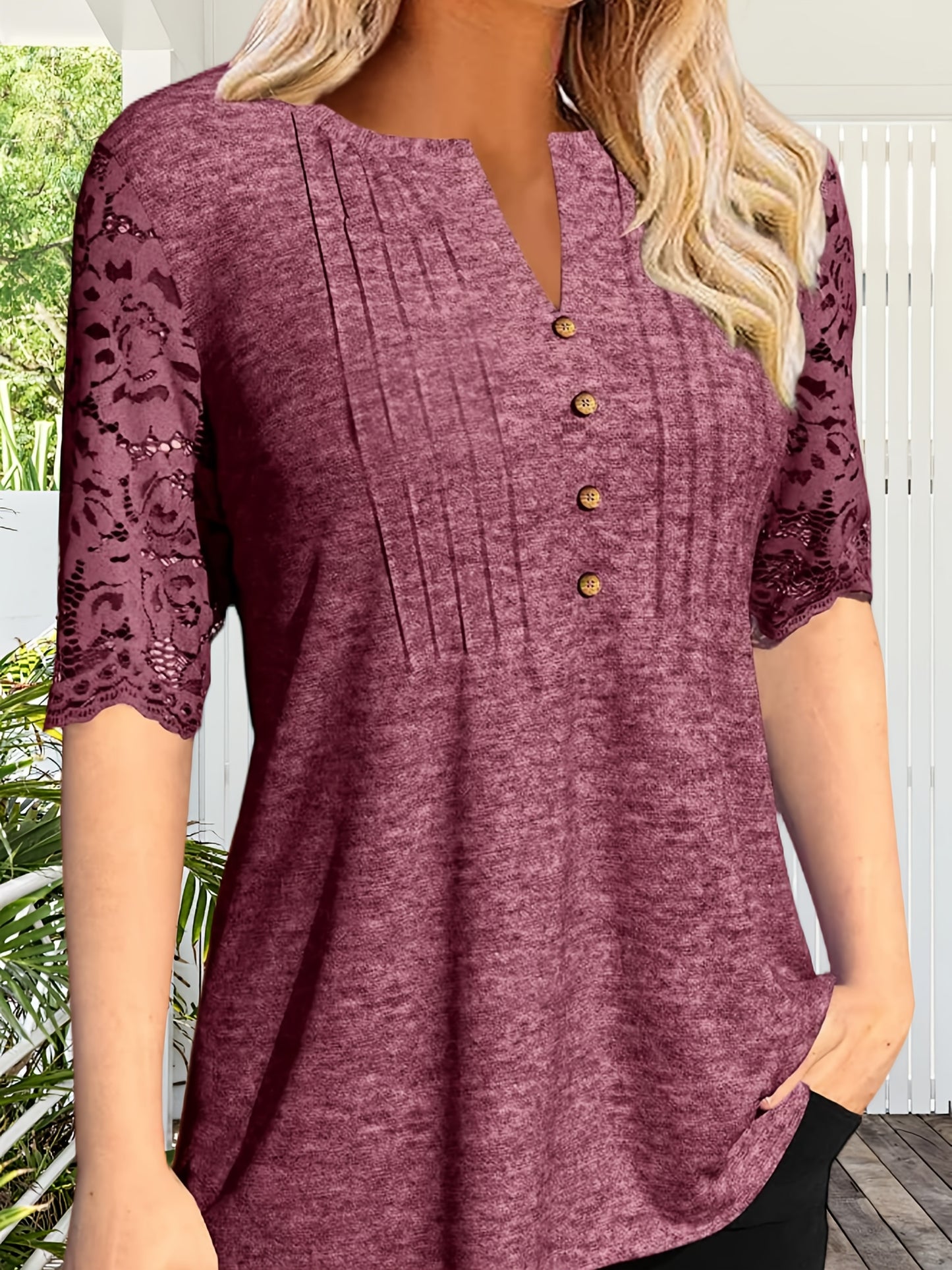 Women's Summer Pleated Button Short Sleeve T-shirt Summer V-neck Solid Color Casual Top