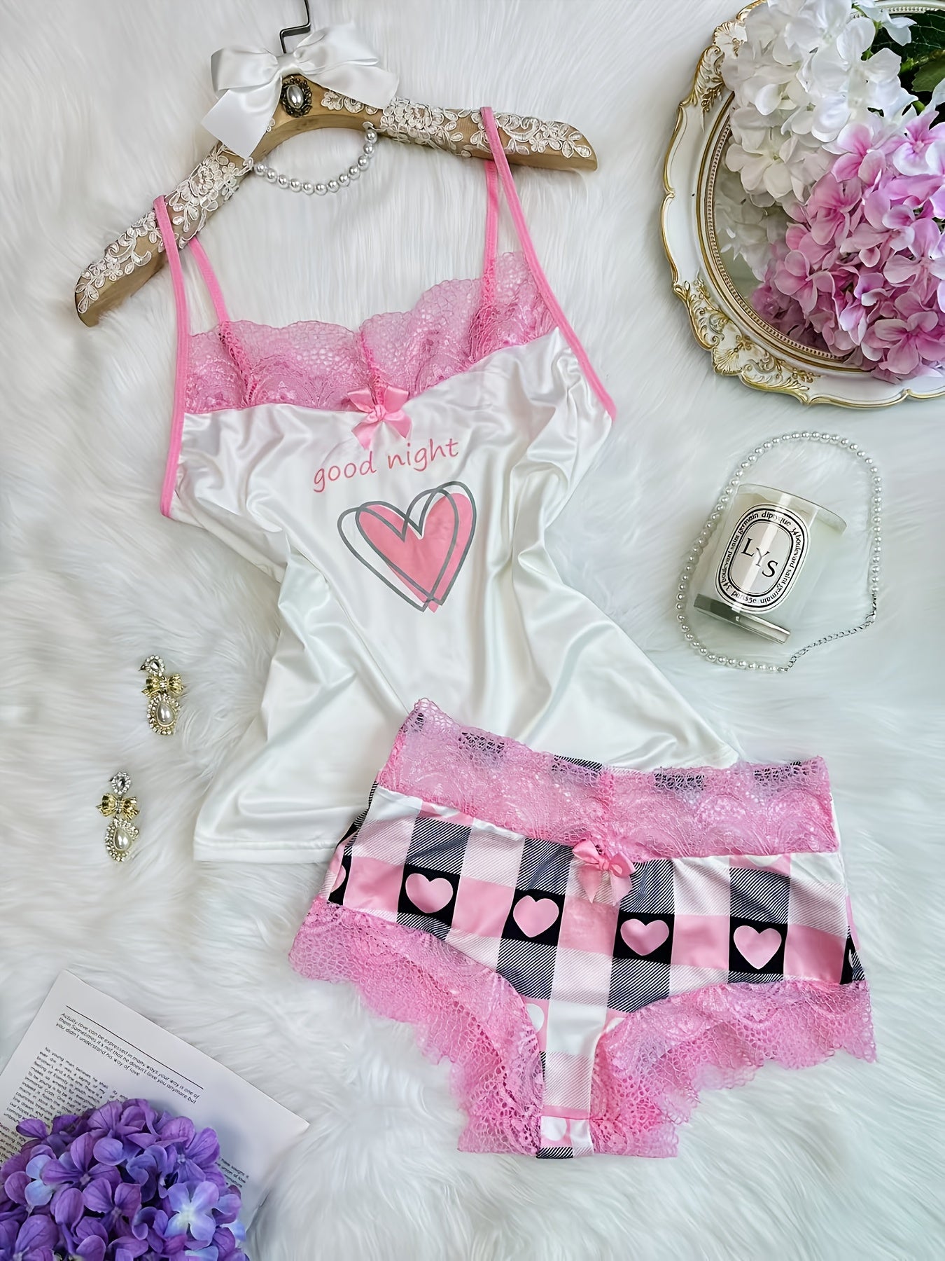 Contrast Color Lace Splicing V-Neck Bow Splicing Soft And Comfortable Skin-Friendly Casual Home Pajamas Set