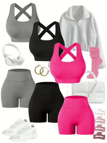 Three Sets of Seamless Women'S Sportswear Suits, Featuring High Elasticity, See-Through Back Bras And Tight-Fitting Short Pants for Enhancing Buttocks