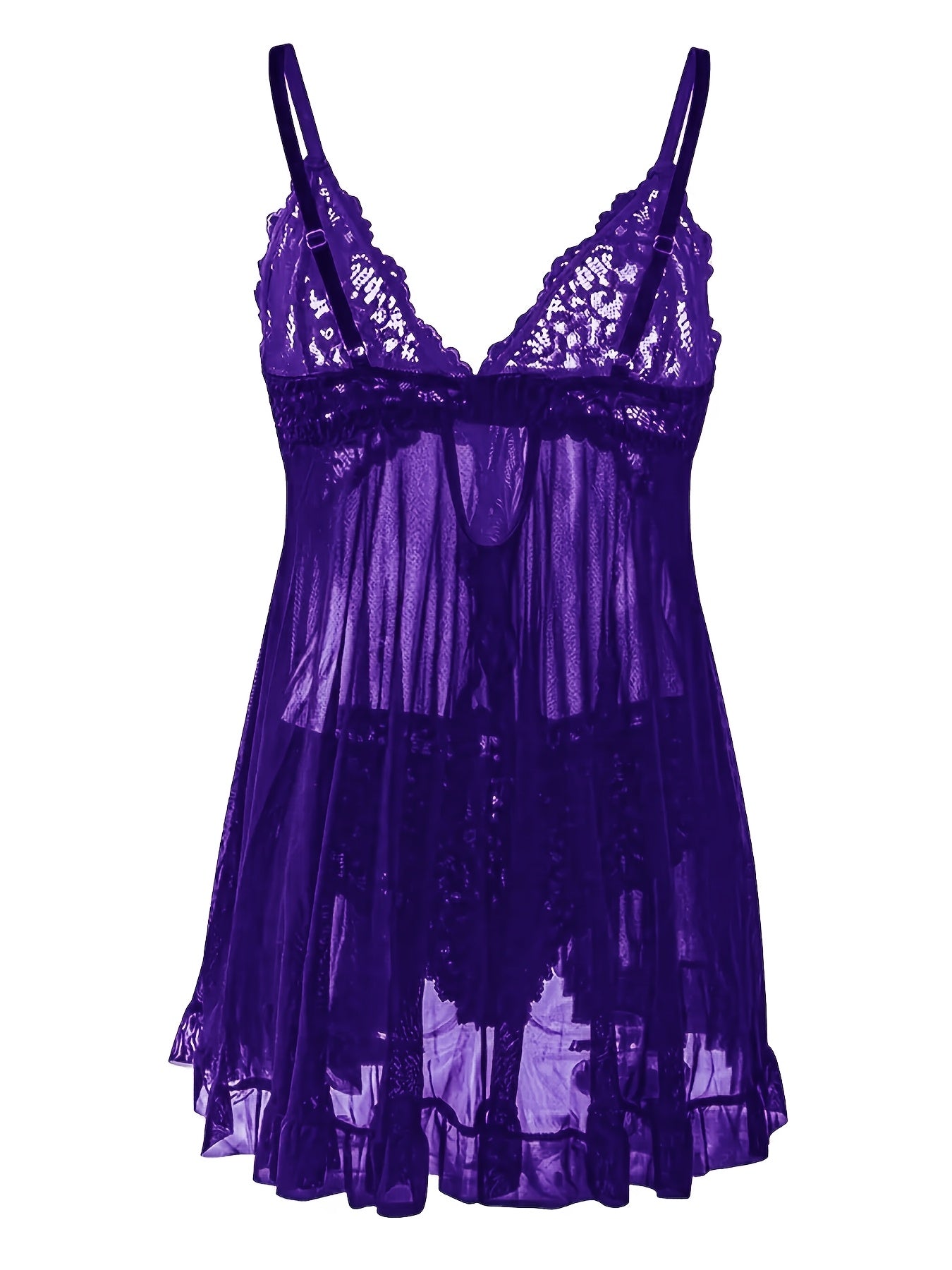 Big Size Sultry Valentine Lace Sleepwear Dress Set - Exquisite Lace, Flattering V-Neckline, Daring Backless Design, Delicate Ruffle Trim, Trendy Split Hem, Seductive Thong Detail, Ultra-Comfortable Fabric, Perfect For Romantic Night, Anniversary Gift