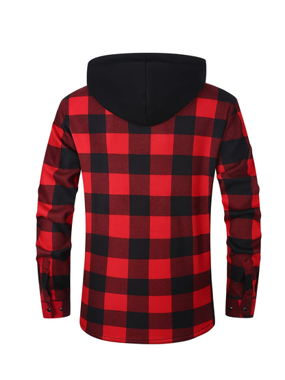 2025 New Men'S Checked Hooded Coat - Comfortable Fleece-Lined, Thick Casual Long Sleeve Top with Pockets, Black And Green Check Design, Ideal for Autumn/Winter, Suitable for Casual Or Professional Attire