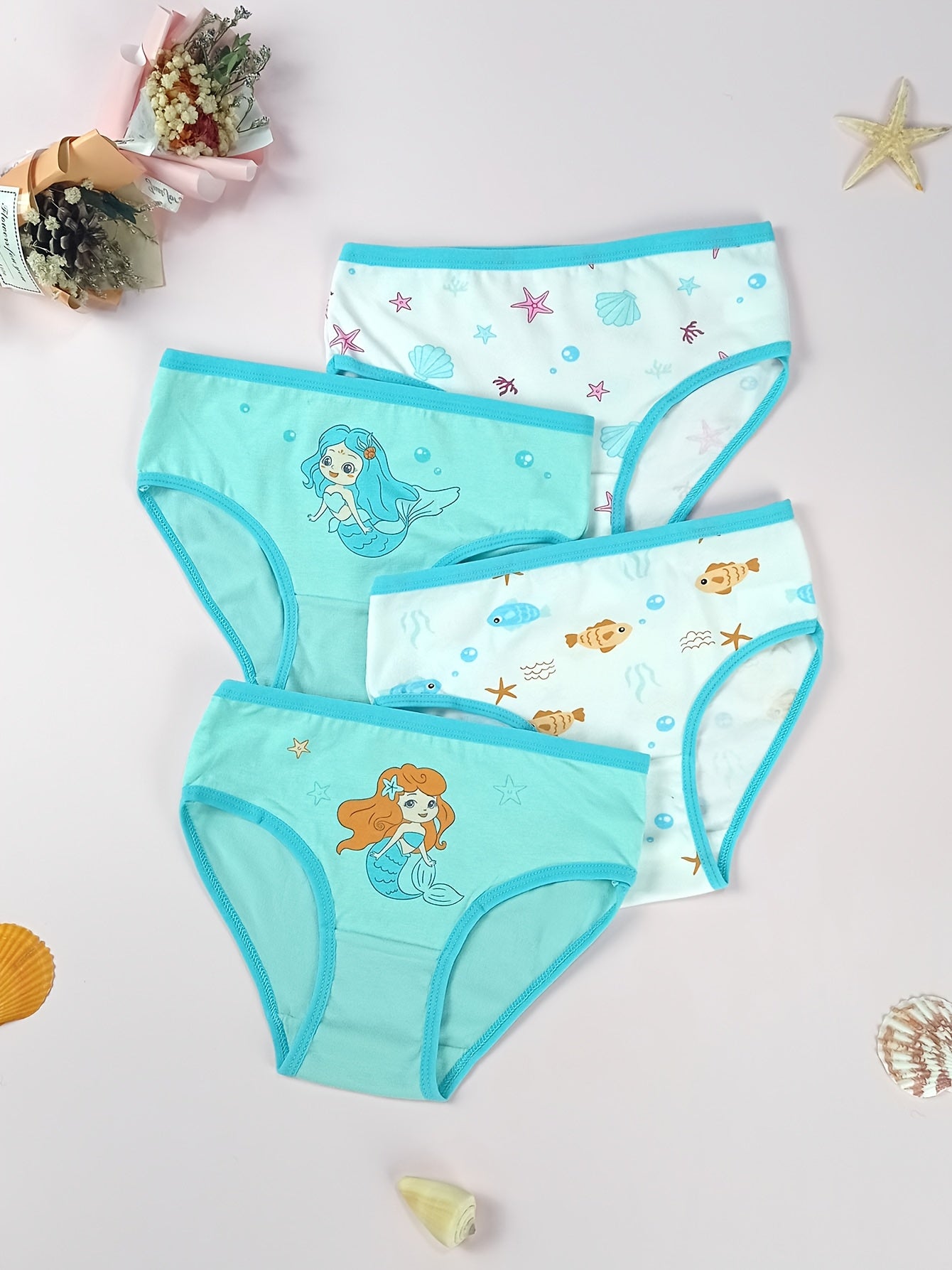 4pcs VIFINE Girls Mermaid Printed Underwear - 95% Cotton Soft Breathable Triangle Briefs with Cute Cartoon Mermaid Designs, Pastel Colors for Youngsters & Youngsters, All-Season Comfort