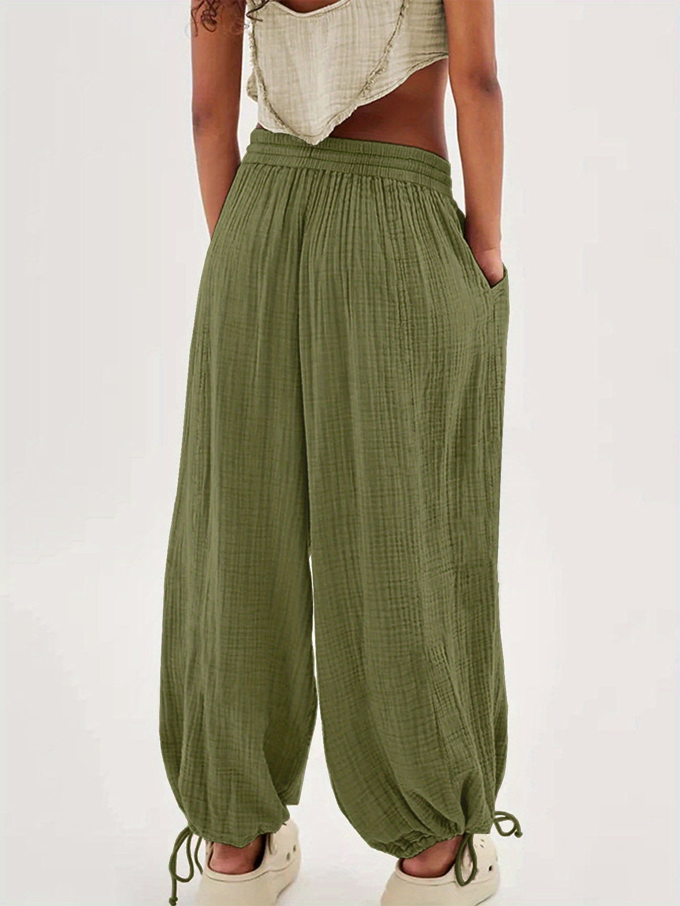 Spring And Summer Women's Casual Pants, Khaki, Pocket, Wide Leg, Tie, Loose, Daily Commuting Wide Leg Pants Womens Summer Clothes