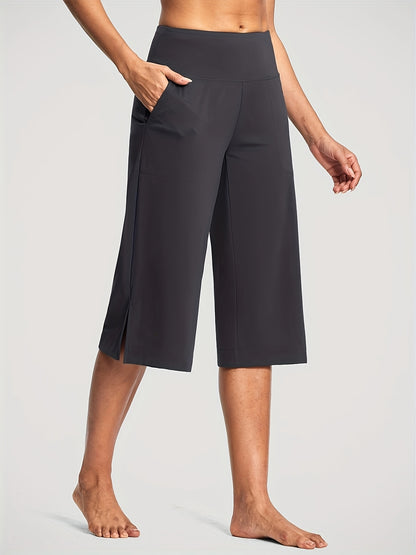 18'' Women's High-Waisted Wide Leg Yoga Capri Pants with Elastic Waist - Loose Comfortable Stretchable Soft Pants Suitable for Yoga, Workout, Casual & for Business Occasions - Spring Summer Fall Wearable with Practical Pockets (No Needed)