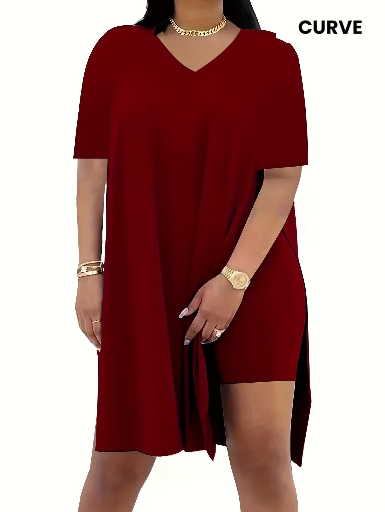 Two-Piece Outfit for Plus-Size Women Featuring a Casual V-Neck Short-Sleeve Top with Side Slits And Drawstring Leggings, Made from Comfortable, Ideal for Everyday Wear