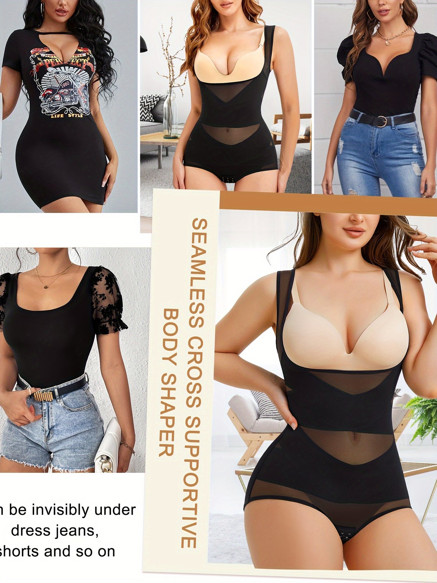 Women's Shapewear Bodysuit, Tummy Control High-Waist Panty, Butt Lifter, Underwear with Wide Straps Comfortable U-Shape Push Up Design, Breathable Body Shaper