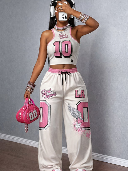 Vest Wide-Leg Pants - Two-Piece Set - Casual Street Fashion Versatile - Color-Blocking Belt Jumpsuit - Loose Pants Suit - Party Sexy Hot Outfit - Number 10 Print Drawstring Waistband - Suitable for Multiple Occasions