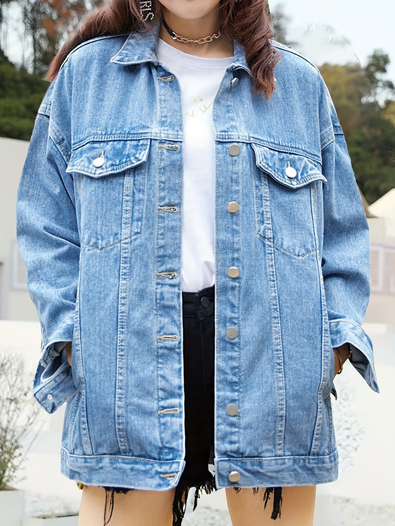 Women'S Oversized Mid-Length Denim Motorcycle Jacket