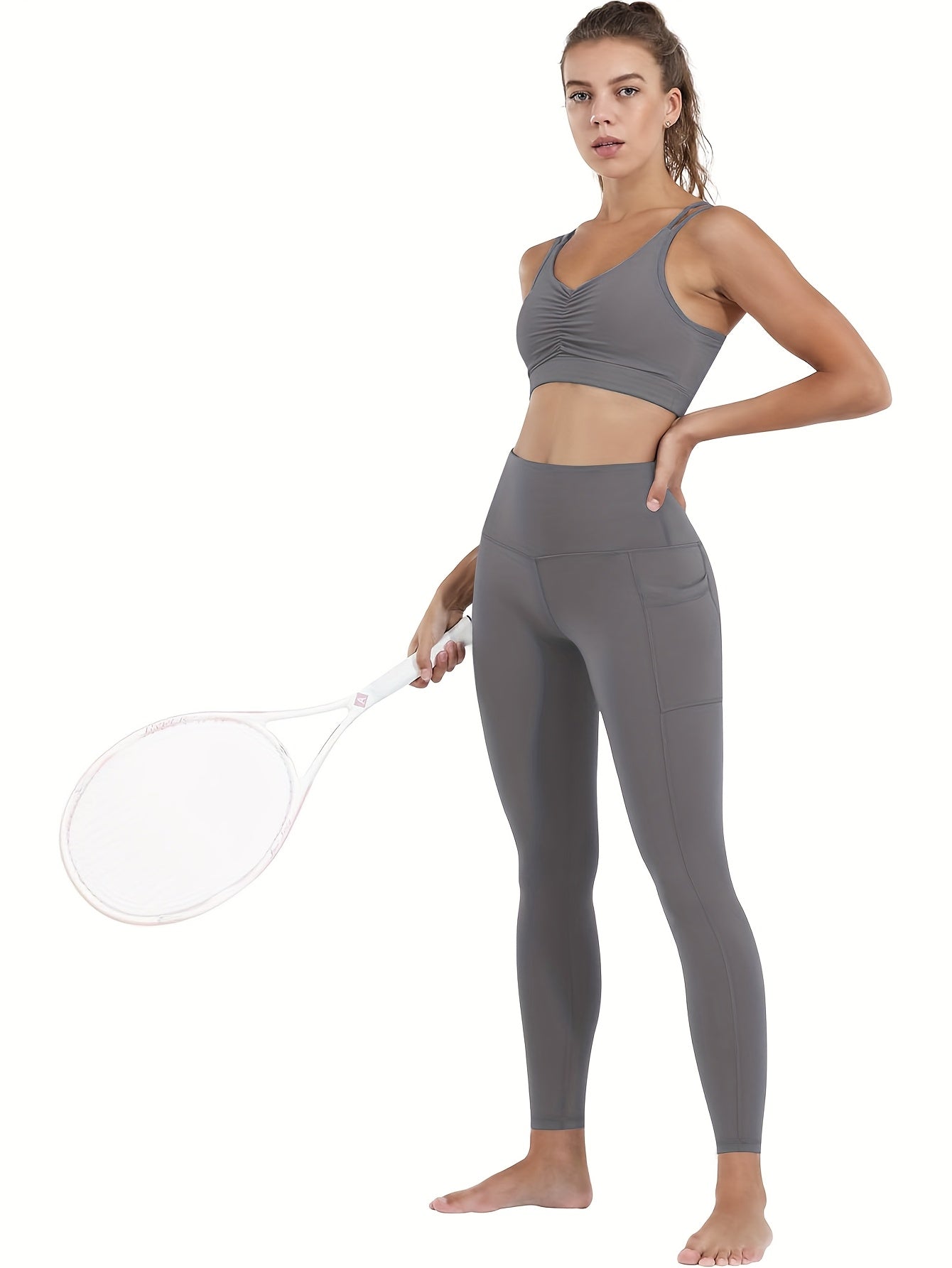 5pcs Women's Plus-Size High-Waisted Yoga Pants with Butt Lifting & Pockets - Full-Length Workout Leggings, Soft Stretch Fitness Pants Suitable for Gym, Pilates, Casual Attire - 5pcs Bulk Pack