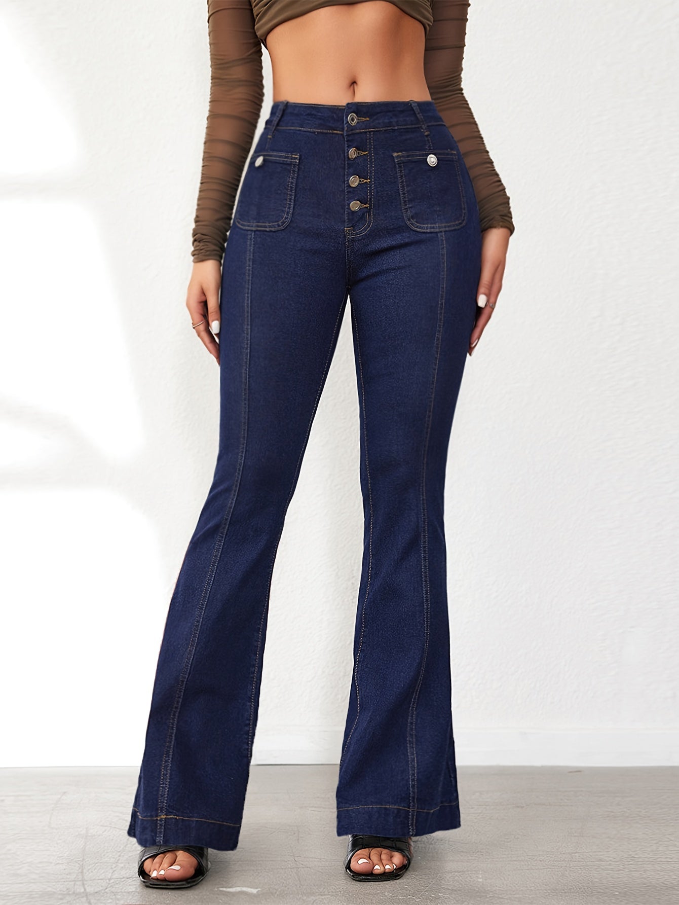 [Stretchy Denim Bell Bottom] High Waisted Wide Leg Stretchy Denim Pants - Women's Flare Bell Bottom Jeans