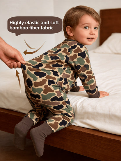 VVCAREKIDS Unisex Bamboo Fiber Camo Jumpsuit - Aseptic, Camo Print, Full-Body Zip-Up Coveralls, Casual Style, Machine Washable, All-Season Comfort, Regular Fit, Hand & Foot Design, High-Quality Printing, Perfect For Outdoor