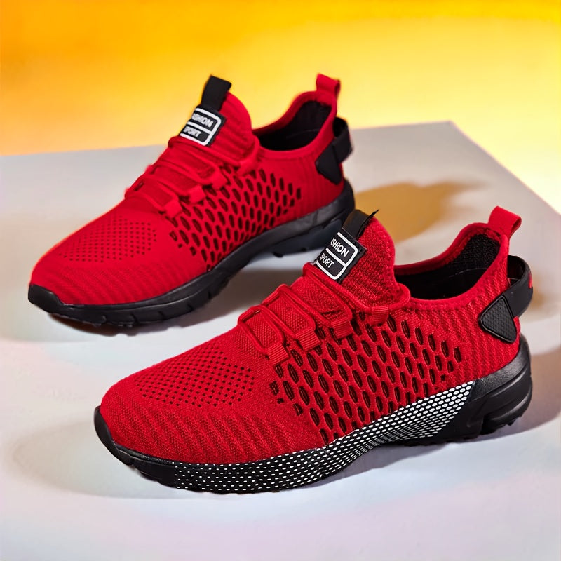[Breathable Mesh Sneakers] Men's Breathable Mesh Sneakers - Ultra-Comfortable, Non-Slip, Geometric Print With Red Accents - Perfect For Running, Basketball, Tennis, And Casual Wear - Lightweight And Stylish For Active Men