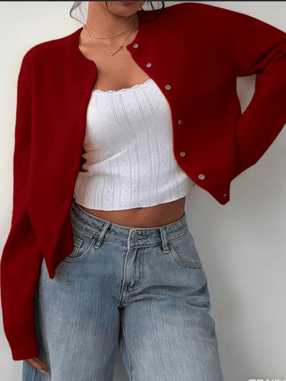 New Spring And Summer Fashionable Elegant Women's Stretch Button Cardigan - High-Elasticity Crew Neck Spring/Autumn Sweater, Hand Wash/Dry Clean Spring And Summer Apparel, Lightweight And Breathable Daily Commute, Sports And Leisure Top, Qqq