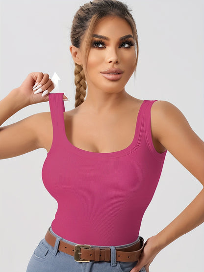Big U Beauty 2-in-1 Backless Ribbed Base Vest with Built-In Pads & Coasters - High-Elasticity Striped Slim Fit Sleeveless Top for Plus Size Women, Casual Elegant Layering Essential