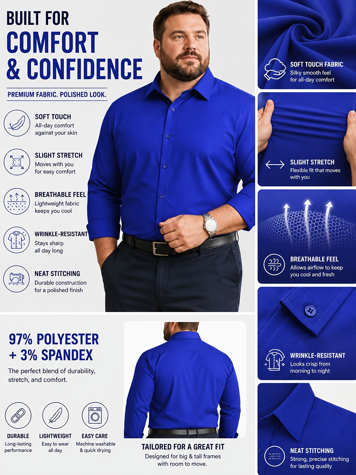 2pcs Set Of Men'S Plus-size Long-sleeve Shirts, 2XL To 6XL Size Shirts For Chubby Men, Versatile Plus-size Shirts For Daily Commuting, Summer Cool Shirts, Easy-care Wrinkle-resistant Plus-size Business Shirts, Gifts For Family