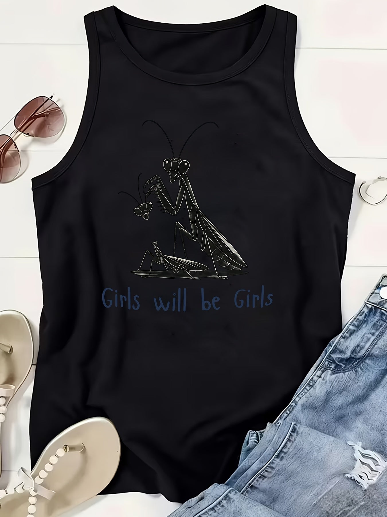 Plus Size, 1pc Plus-Size Women's Sleeveless Tank Top with Mantis Print Round Neck Stretchy Shirt - Non-Transparent Casual Casual Attire Suitable for All Seasons, Spring/Summer Layering Piece, Machine Washable Gift for Curvy Women (No)
