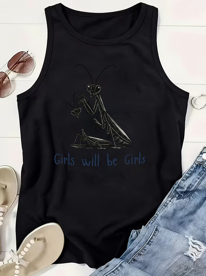 Plus Size, 1pc Plus-Size Women's Sleeveless Tank Top with Mantis Print Round Neck Stretchy Shirt - Non-Transparent Casual Casual Attire Suitable for All Seasons, Spring/Summer Layering Piece, Machine Washable Gift for Curvy Women (No)