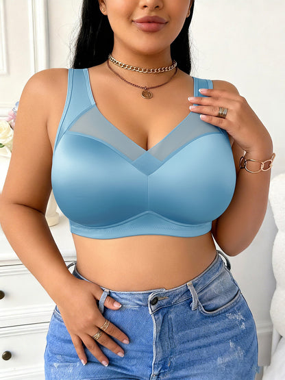 Wire-Free Plus Size Bra for Women - Mesh Design, Glossy Satin Seamless Underwear, Comfortable Breathable Soft Support, Non-Adjustable Straps with Non-Removable Padding, Nylon Smooth Plus Size Bra, Perfect for Everyday Casual Wear