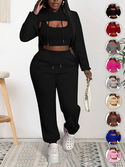 Women'S 3pcs Sweatsuits Sets Sexy Super Cropped Hoodie Tank Top And High Waisted Jogger Sweatpants Matching Loungewear Athleisure Outfits