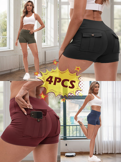 2026 High Stretch Elastic Waist Cargo Shorts Women's Shaping Hip Lifting Quick-Drying Fitness Pants with 2 Pockets 4pcs 2pcs Solid Color Yoga Short Pants Set Game Day Fan Gear for Soccer All Fans