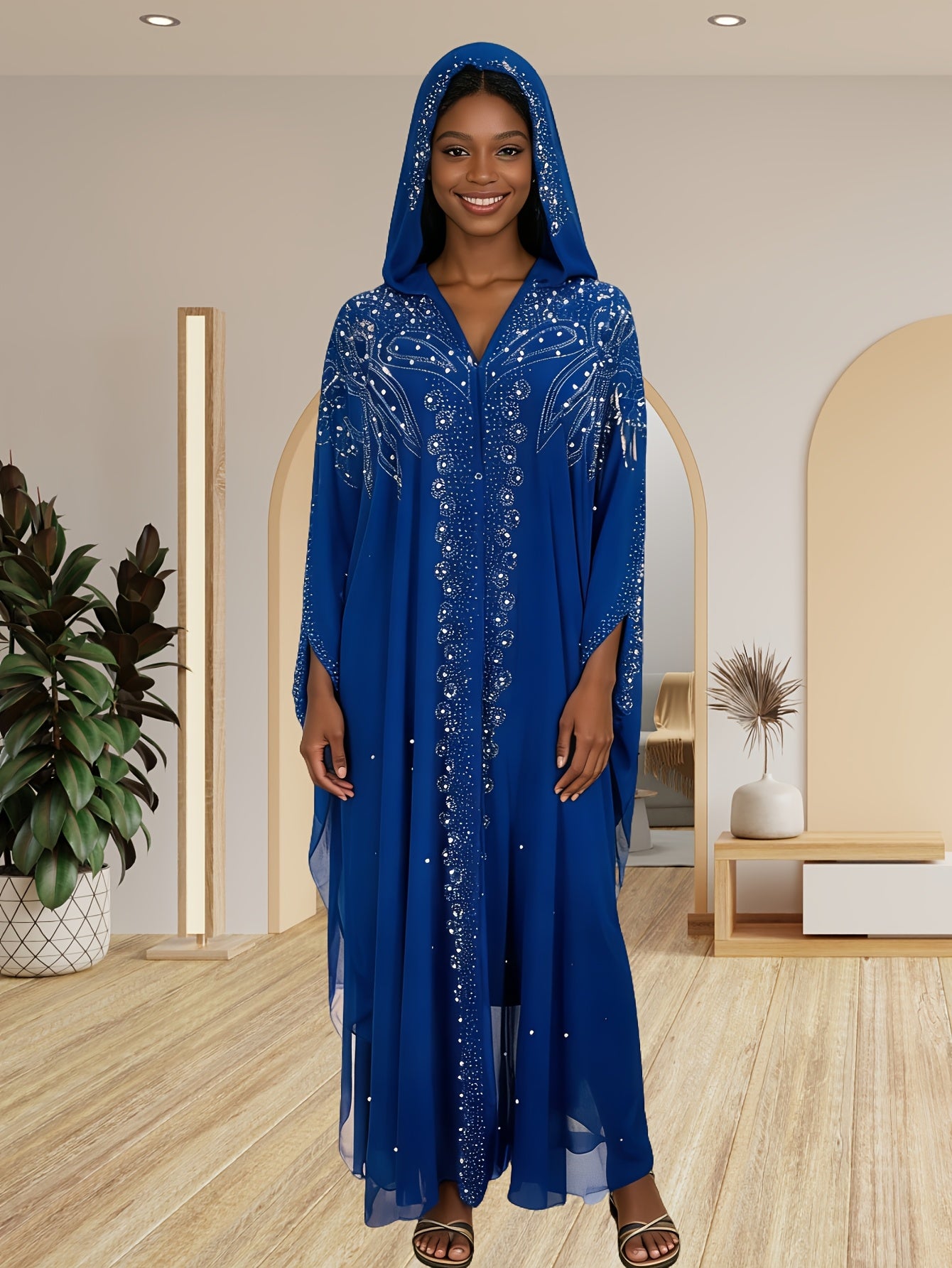 A Batwing Sleeve Shawl Wrap Adorned with Royal Blue Rhinestones, Inspired by Middle Eastern Styles. This Plus-Size Semi-Sheer Tunic Features a Loose Fit, Beaded Accents, And a Slit Hem, Perfect for Summer Weddings, Parties, And Cultural Gatherings