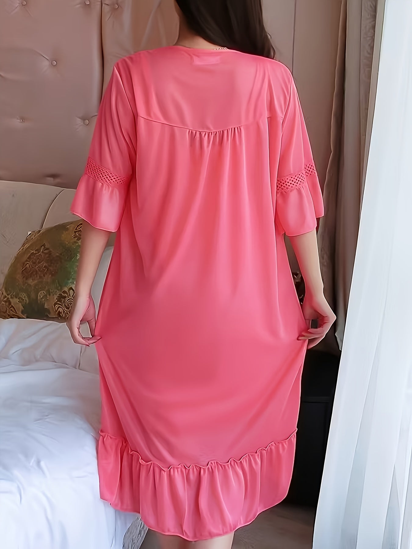 [Valentine's Day Christmas] Long Lace Robe Two-Piece Set y Satin Fabric Kimono Style Home Wear Ruffle And Delicate Lace Trim The Fit Is Flowing And Elegant Ideal for Daily Use Or As A Fantastic Gift Choice for Valentine's Day And Christmas