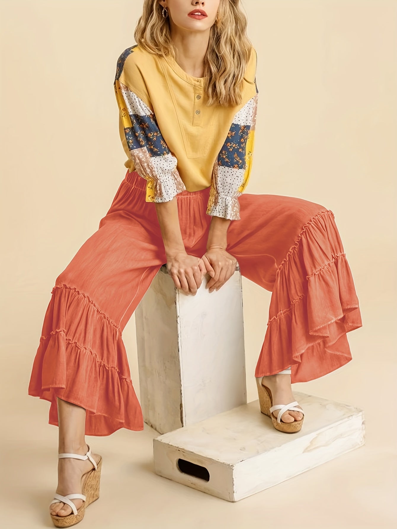 Women's Palazzo Pants For Elastic High Waisted Wide Leg Ruffle Ruched Loose Beach Trousers