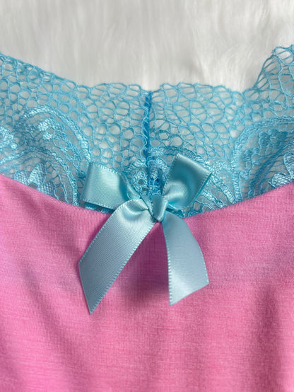 Contrast Color Lace Splicing V-Neck Bow Splicing Soft And Comfortable Skin-Friendly Casual Home Pajamas Set