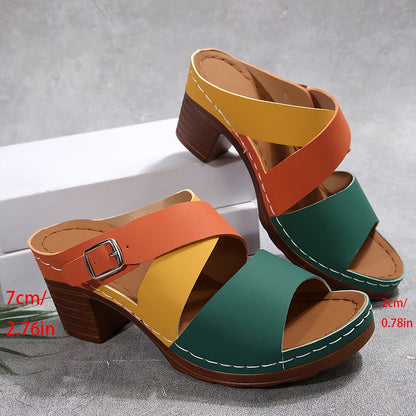 Summer Low Heel Sandals for Women, Orange Yellow Green Contrasting Color, Anti Slip Soft Sole, Lightweight And Comfortable Beach Vacation Slippers, Women Shoes