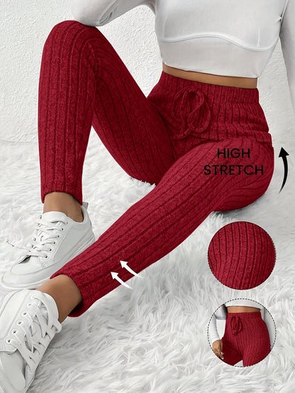 Women'S High - Waist Ribbed Leggings - Stretchy Slim Fit, Drawstring Detail, Casual Solid Color Pants for All Seasons