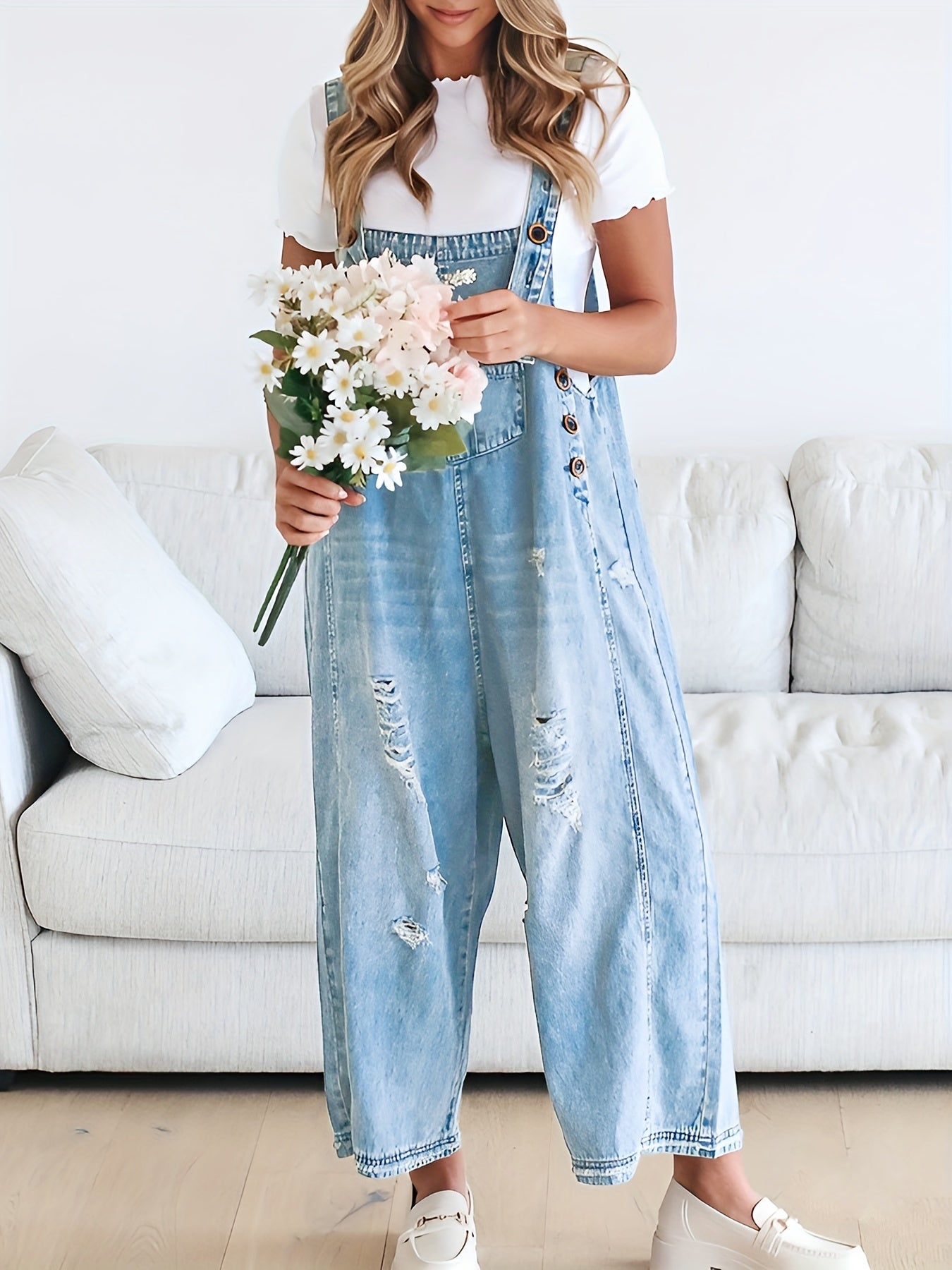 Casual Denim Overalls for Women Featuring a Loose Fit, Adjustable Straps, Distressed Design, And Pockets